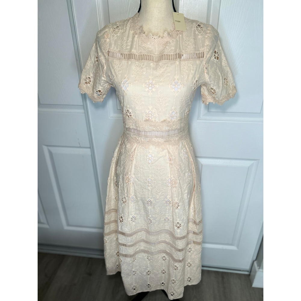 Maje Roselli Eyelet Lace Midi Dress 36 NWT Peach Blush Cotton Short Sleeve Small